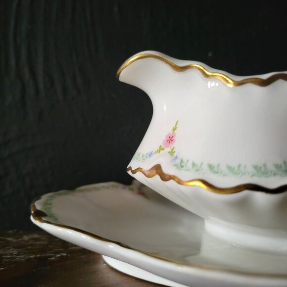 Pope Gosser Gravy Boat w/ Attached Underplate Gold Trim Pink Flower Green Swag - Picture 8 of 12